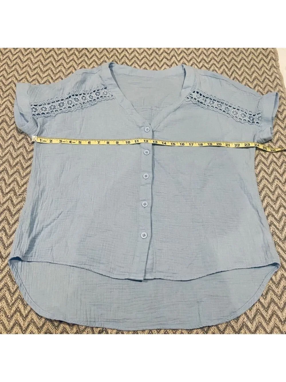 Cupshe Light Blue V-Neck Button Front Crochet-Trim Blouse